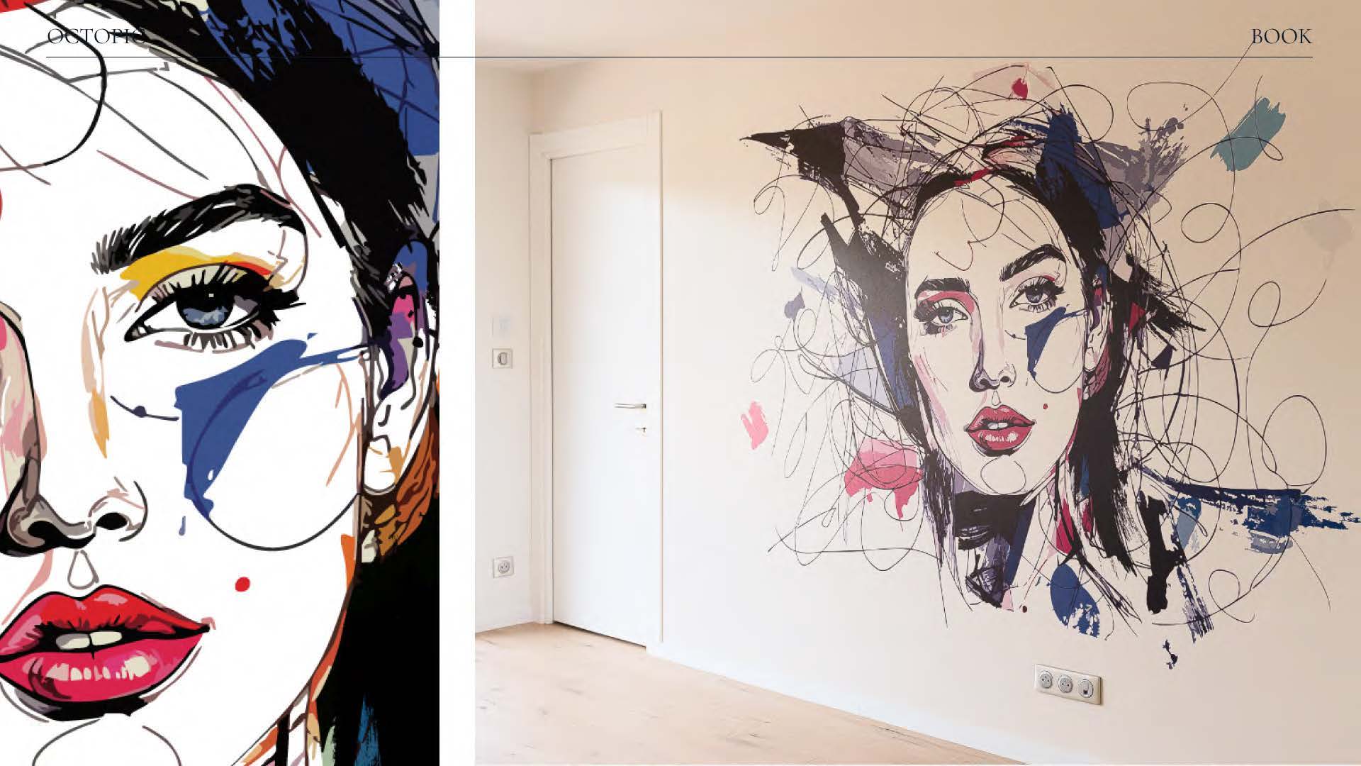 Portrait artistique imprimé sur le mur d’un intérieur lumineux